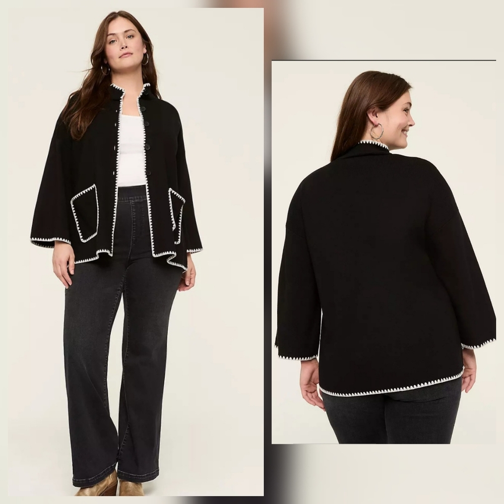 Lane Bryant Versatile Button-Front Sweater Jacket Stitch Trim Patch Pockets 26